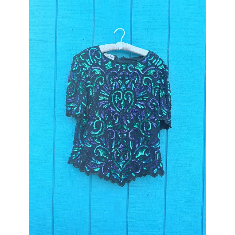 Laurence Kazar Silk Sequin Beaded Top Teal Purple Paisley Scalloped Hem 1X Artsy